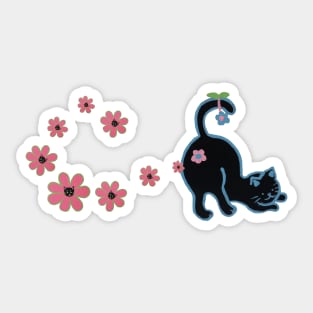 Black cat with pink flowers Sticker